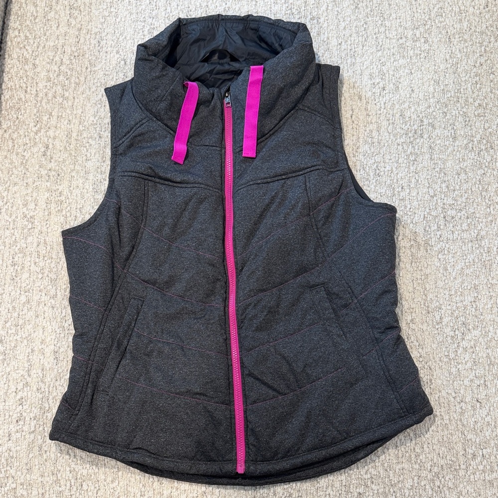 The North Face Women's Dark Gray Puffer Vest with Pink Trim